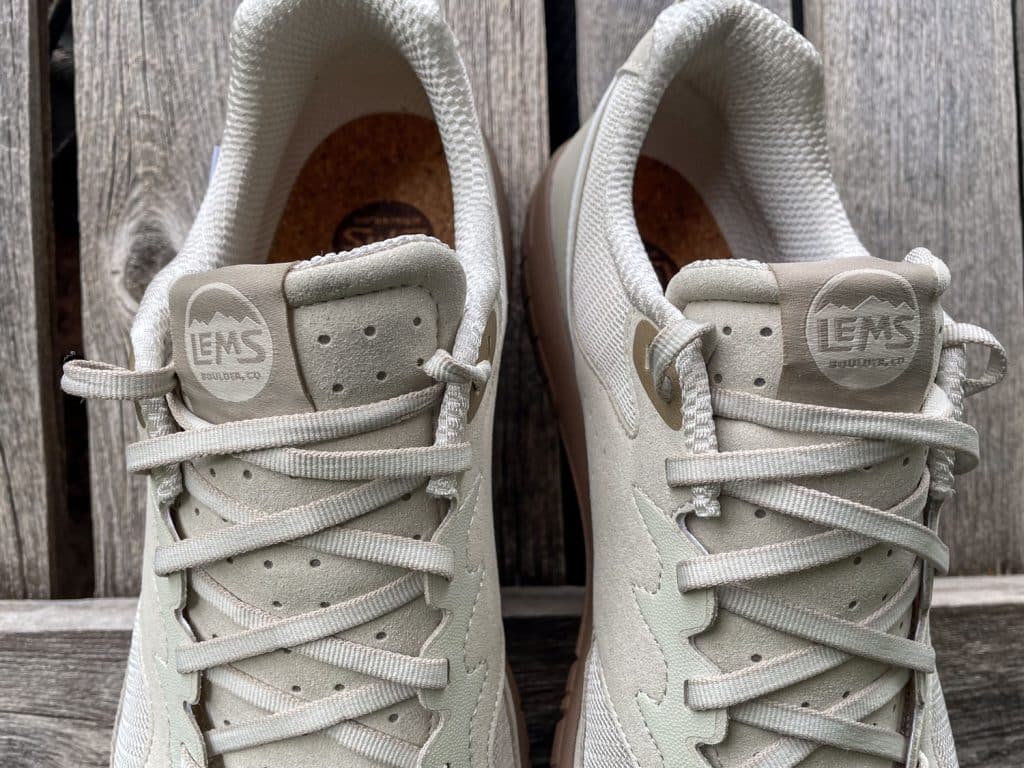Close up image of laces and tongue of Lems Primal Eco shoe.