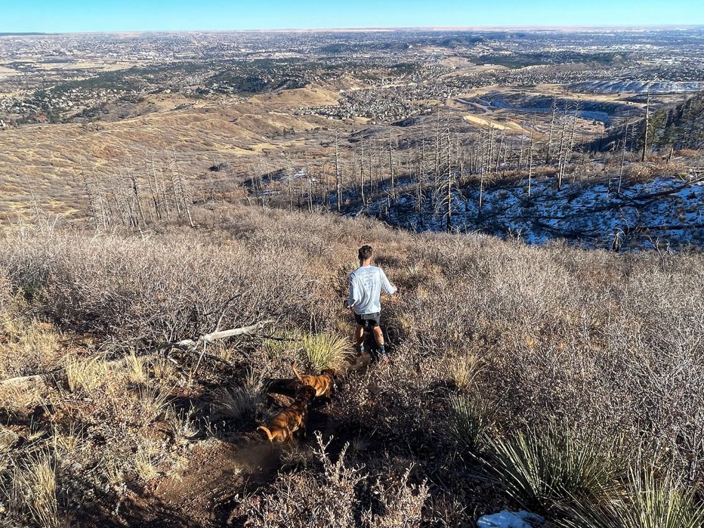 Trail runner and dogs running down a wild trail