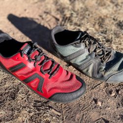Red pair of Xero Shoes Mesa Trail II barefoot style trail running shoes next to green pair of Xero Shoes Mesa Trail I